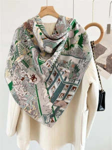 70% Cashmere 30% Silk Wrap Scarf City of Animals Print Double Face Shawl 53" - Picture 1 of 6