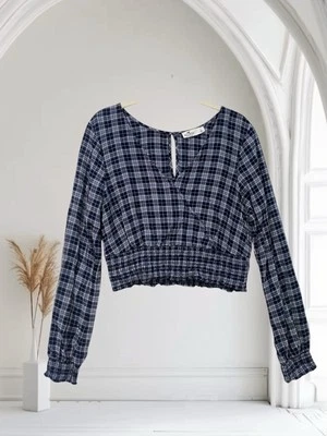 Hollister Blue Plaid Faux Wrap Crop Top Size Large V Neck Smocked Y2K - Image 1 of 4