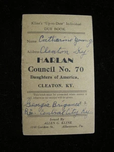 1940 s POCKET DUES BOOKLET HARLAN #70 DAUGHTERS OF AMERICA CLEATON, KENTUCKY - Picture 1 of 3