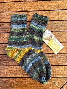 Handgestrickte Wollsocken Gr. 38 /39 grau-blau-gelb gestreift - Bild 1 von 1