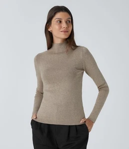 NWT Halara Mock Neck Long Sleeve Skinny Work Sweater Doeskin M - Picture 1 of 12