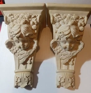 "2 ménsulas de resina 7""x 4,5"" beige alas de querubines de ángel rosas 2"" agujero de varilla para cortinas" - Imagen 1 de 5