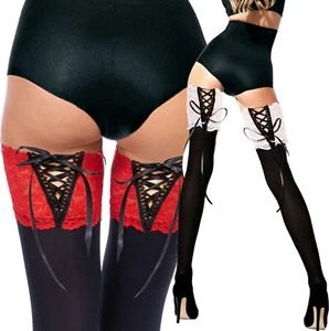 Sexy Opaque Hold Up Stockings S - 4XL Deep Lace High Quality Stay Ups 100 Denier - Picture 1 of 7