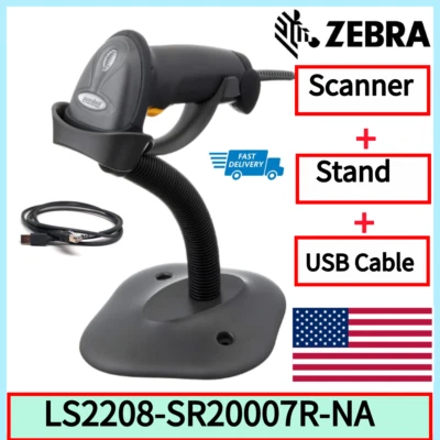 Zebra Symbol LS2208-SR20007R-NA 1D Barcode Scanner With Stand + USB Cable USA