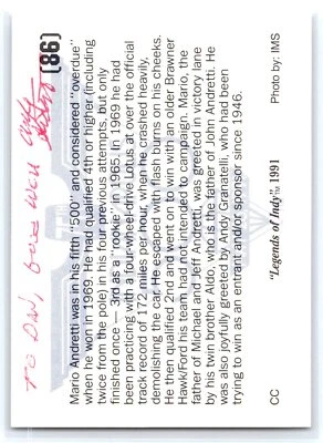 Mario Andretti Signed Autographed Card 1991 Legends of Indy #86 "To Dan" - Image 1 of 2