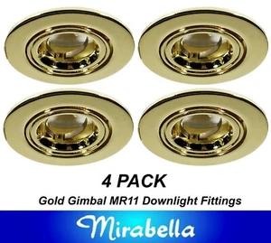 4 x GOLD Brass Round Gimbal Downlight Fittings 12V MR11 - 70mm dia, 55mm cutout - Picture 1 of 7
