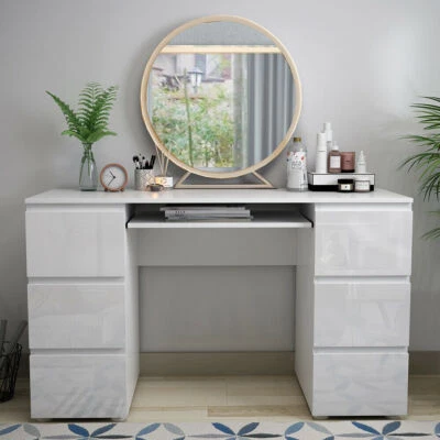High Gloss 6 Drawers Computer Desk White Study Home Office Makeup Dressing Table - Image 1 of 4