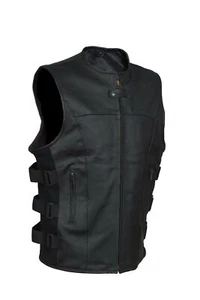 Men's SWAT Style Motorcycle Biker Leather vest with two concealed gun pockets - Picture 1 of 15