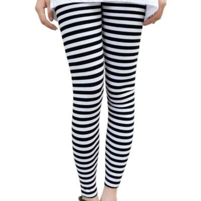 Women Ankle Length Skinny Leggings Black White Horizontal Striped Pants Tights - Image 1 of 4