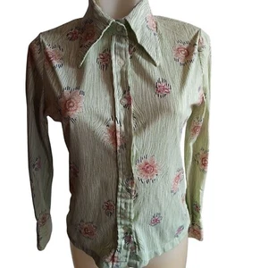 Women's Large Vintage 1970's Wild Green Floral Button-Up Disco Shirt Blouse - Picture 1 of 9
