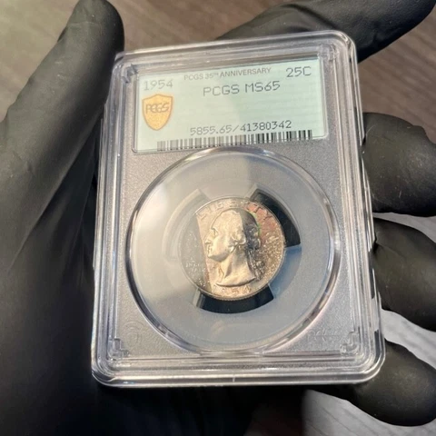 MS65 1954 25C Washington Silver Quarter, PCGS Secure- Rainbow Tab Toned Cover