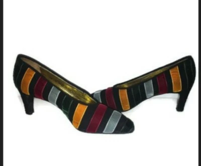 Vtg MOSCHINO Womens Velvet Pumps Striped Sz 36 US 5.5 6 Heels 80's/90's Shoes - Image 1 of 4