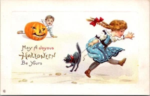 May a Joyous Halloweeen Be Yours Embossed Kids Black Cat Pumkpin Postcard - Picture 1 of 2