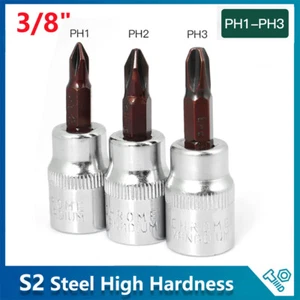 3Pcs 3/8" Drive Phillips Bits Socket Set PH1 PH2 PH3 Star Drive S2 Steel Metric - Picture 1 of 8