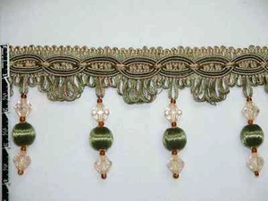 4" Classy Crystal Bead Tassel Fringe Trim Olive Green Per Yard - Picture 1 of 2