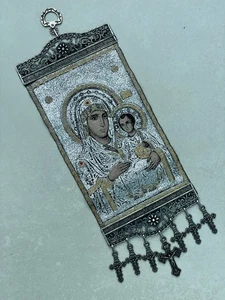 Theotokos und Kind Wandteppich Wandbehang mit Kreuzen - byzantinische Ikone - Bild 1 von 8