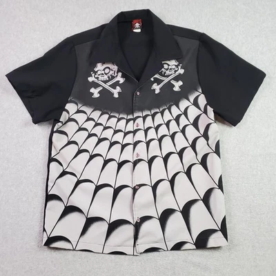 VTG Lucky-13 Shirt Mens XL Black Bowling Button Up Made in USA Skull Spiderweb - Image 1 of 4