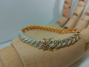 Gold Vermeil Sterling Silver Diamond Cut Leaf Link 6.5mm Wide Tennis Bracelet - Picture 1 of 23