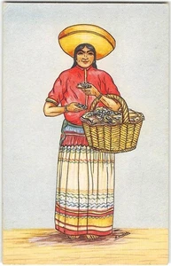 Fischverkäuferin Frau Mexiko Künstlersigniert Vendora 1910er Kunst Vintage Postkarte - Bild 1 von 2