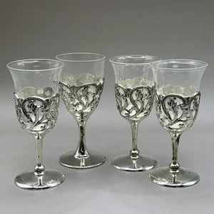 4 Vintage Crystal with Art Deco Silver-plate Base Cordials 4.5" Delli Inc. Japan - Picture 1 of 4