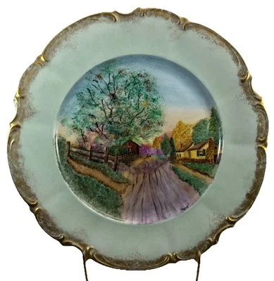 "Plato festoneado vintage pintado a mano escena de granja decoración 13"" adorno dorado Alemania" Foto 1 de 4