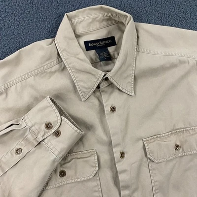 Banana Republic Shirt Mens Large Khaki Tan Safari Chinos Flap Pocket Utility VTG - Image 1 of 4