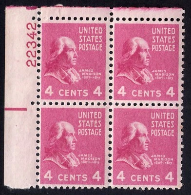 Scott #808 James Madison Plate Block of 4 Stamps - MNH - Image 1 of 2