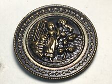 Antique Large Button Mademoiselle at the Well Pierced Brass Design Steel Back
