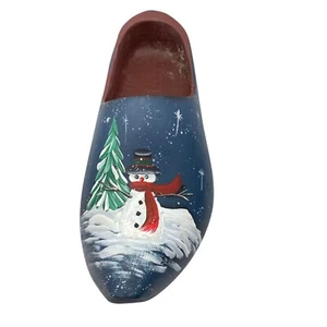 Dutch Wooden Shoe with hand painted Christmas Snowman scene Signed - Picture 1 of 11