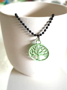 Sweet Mint Green Enamel Tree of Life Charm Pendant Black Necklace - Picture 1 of 7