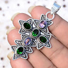 Chrome Diopside, Amethyst Cross 925 Sterling Silver Pendant Handcrafted Jewelry
