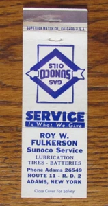 ROY FULKERSON SUNOCO GASOLINERA MATCHBOOK CUBIERTA: ADAMS, NY 1950S MATCHCOVER B23 - Imagen 1 de 2