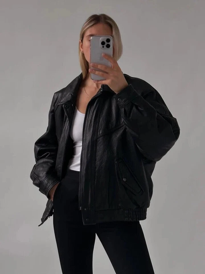 Womens Handmade Oversized Real Leather Vintage Women's Black Bomber Jacket - Image 1 of 4