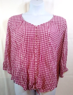 WESTBOUND WOMAN 2X Pink Plaid 3/4 Sleeve Tie Front Pullover Faux Buttons - Image 1 of 4