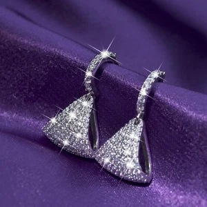 18k white gold crystal drop dangle stud triangle bling bling fan shaped earrings - Picture 1 of 12