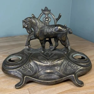 VTG Brass Bronze Horse Double Inkwell Art Nouveau Equestrian Letter Stand READ! - Picture 1 of 18
