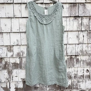 Lungo Larno Green Sleeveless LinenFront Pocket Green Dress - Picture 1 of 8