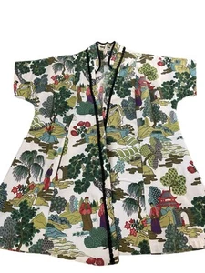 Vintage 50s Barkcloth Asian Scenic Kimono Swing Jacket Pockets Hawaiian Rare - Bild 1 von 19