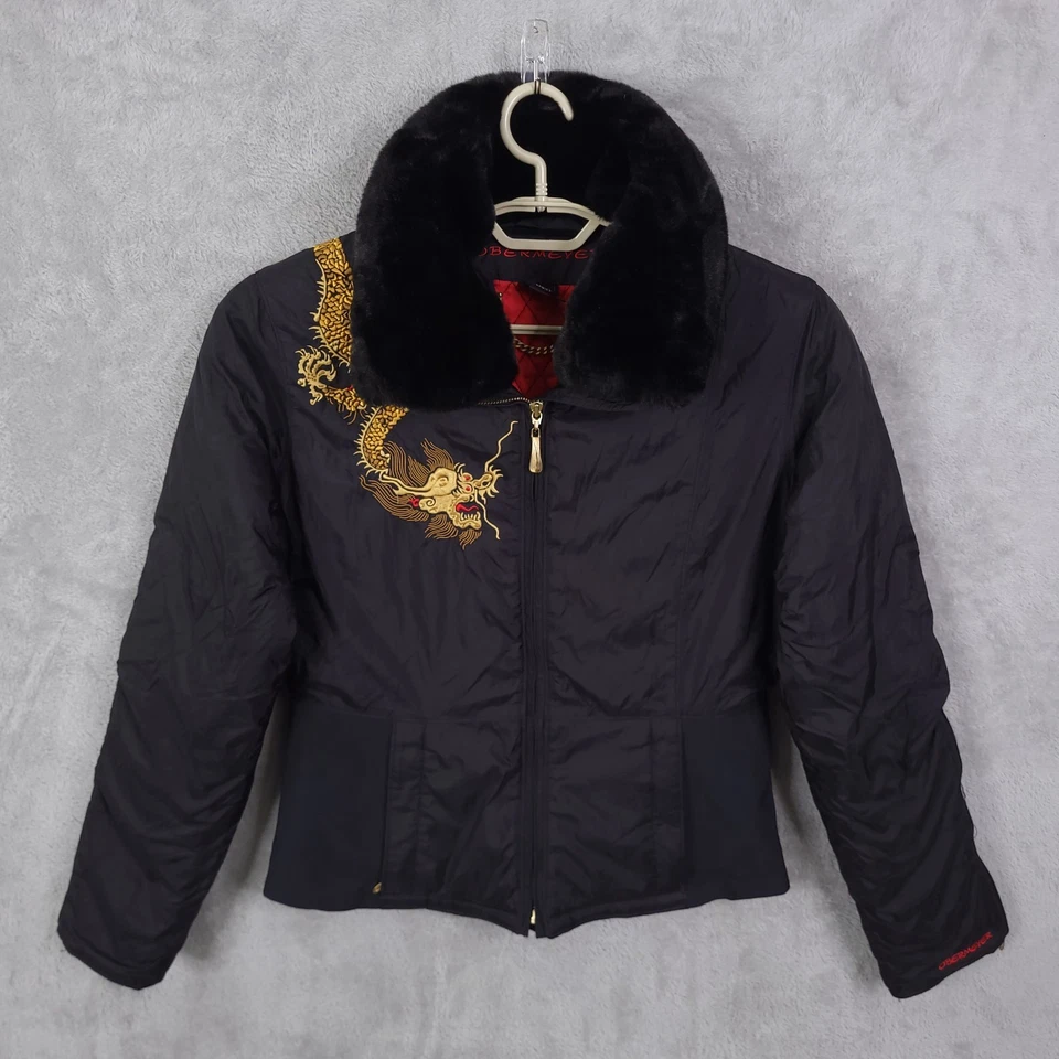 Chaqueta de esquí Obermeyer Dragon vintage para mujer 8 negra roja bordada cremallera completa Y2K Foto 1 de 4