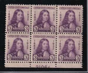 1932 William Penn Sc 724 3c purple MNH flat plate block of 6, full OG (S6 - Picture 1 of 1