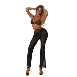 Sexy Mesh Lace Perspective Rhinestone Bra Hot Drill Trouser Underwear Pajama Set - Picture 1 of 7