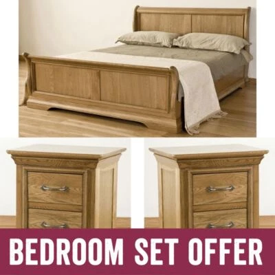 Marseille Solid Oak Super King Size Bed and Two Bedside Cabinets Units - Image 1 of 4
