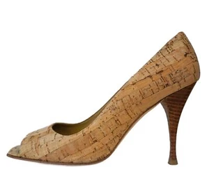 STUART WEITZMAN Sz 6.5 Natural Cork Peep Toe Pumps Heels - Picture 1 of 6