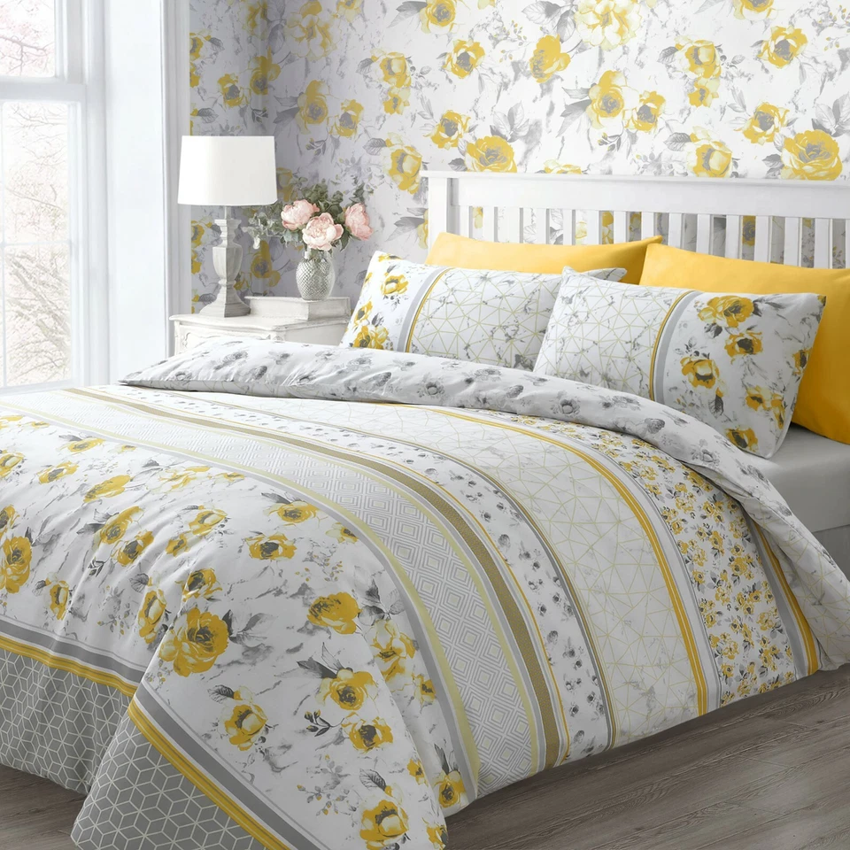 Grey Ochre Floral Marble Reversible Geometric Duvet Cover Bedding Set - Image 1 of 1
