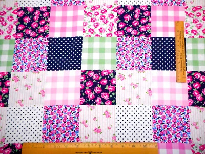 Quilt Fabric By Yard Pink Green Navy White Floral Check Dot Patch Premium Cotton - Image 1 of 2