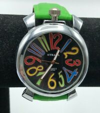 Strada Quartz Watch Large Black Face Color Numbers Green Leather Band New in Box