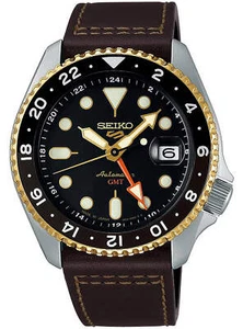 SEIKO 5 SPORTS SBSC020 JDM "5KX" GMT BLACK DIAL ON LEATHER MENS WATCH - Picture 1 of 1