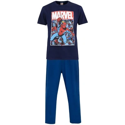Spiderman Marvel Pyjamas Adults Mens S M L XL XXL PJs T-Shirt Bottoms Navy Blue