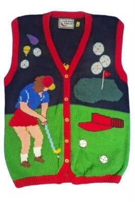 Cotton Salsa Golf Curvy Woman Caddy Knit Sweater 3D Hand Made Peru Vest XL - Image 1 of 4