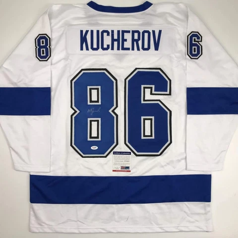 Autographed/Signed Nikita Kucherov Tampa Bay White Hockey Jersey PSA/DNA COA Cover